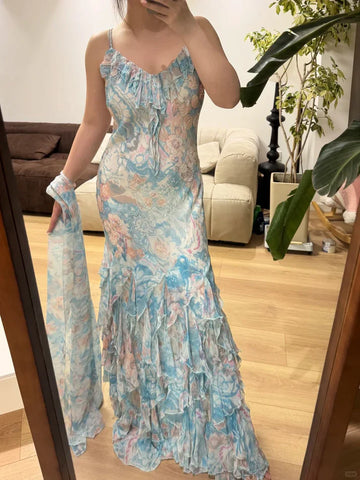 Vintage Mermaid Spaghetti Strap Blue Ruffle Layered Prom Dress Party Dress HZ1023